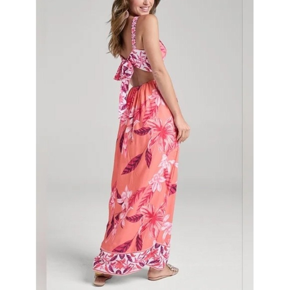 Venus‎ Floral Maxi Dress Pink Coral Tropical Lily Print Tie Back Size 2